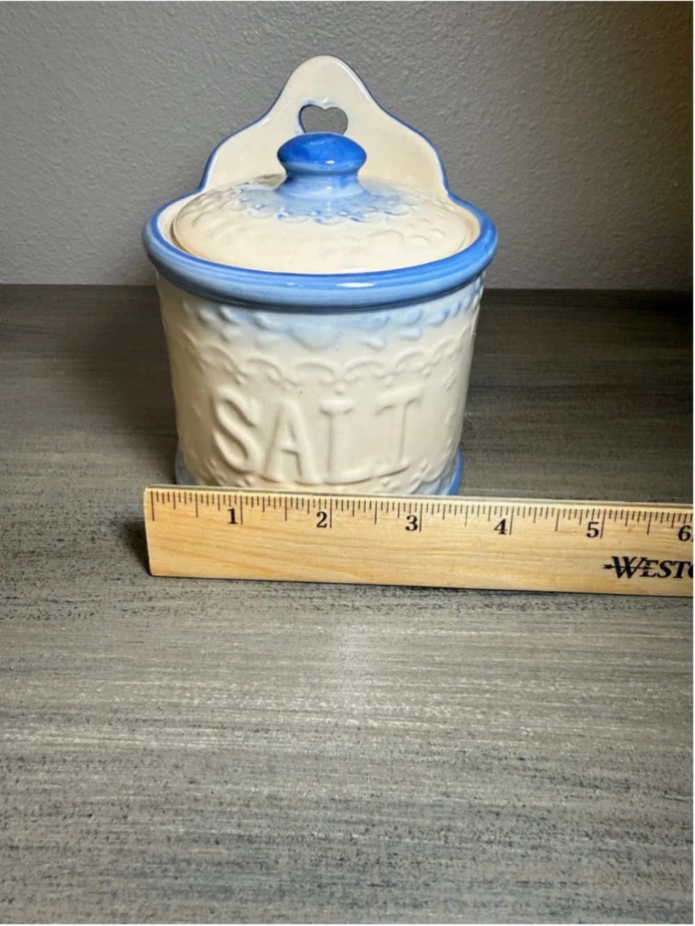 Vintage Blue & White Stoneware Hanging Salt Box Crock with Lid